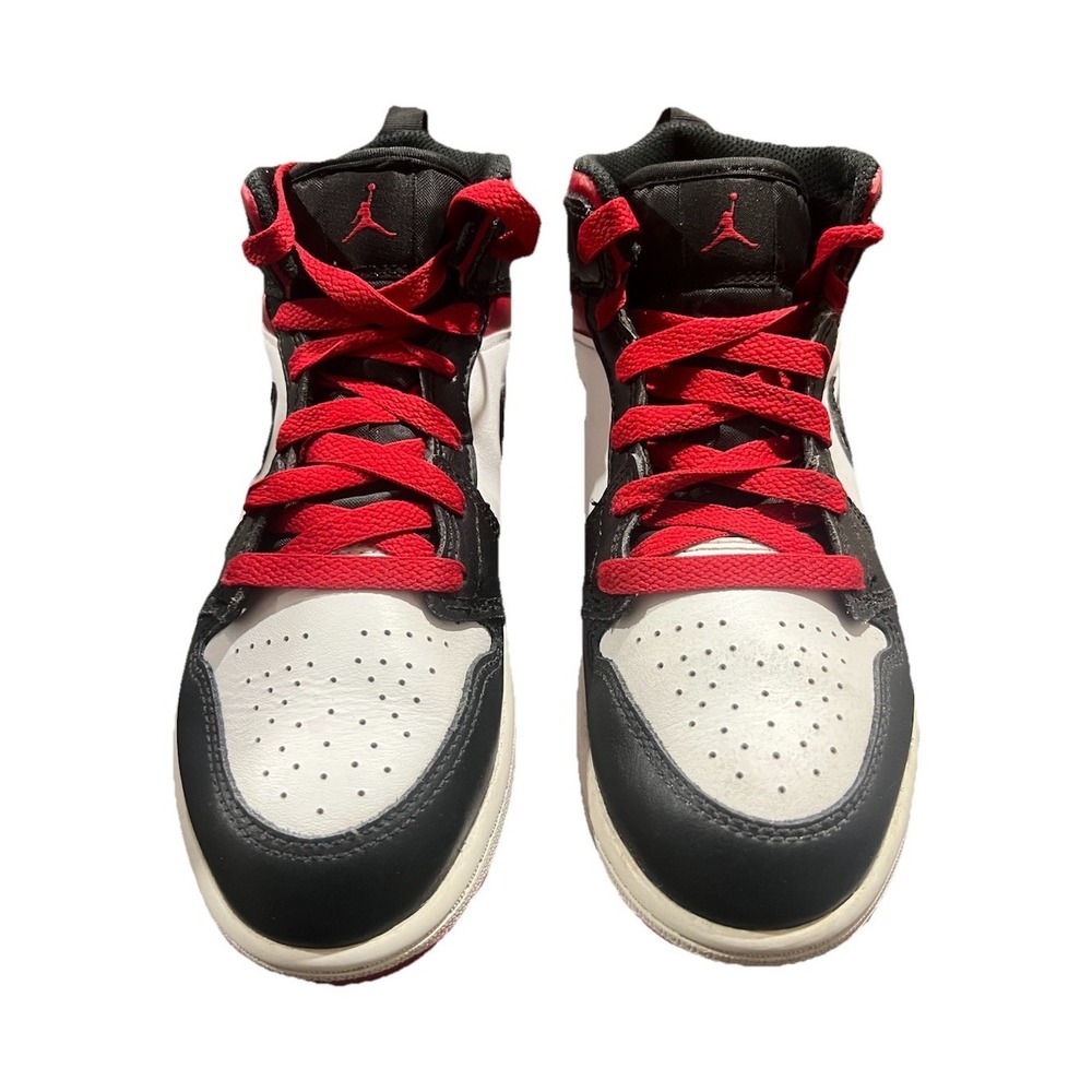 B6/ Jordan Air Jordan 1 Mid Boys Size 2 Black White Red Leather Sneakers